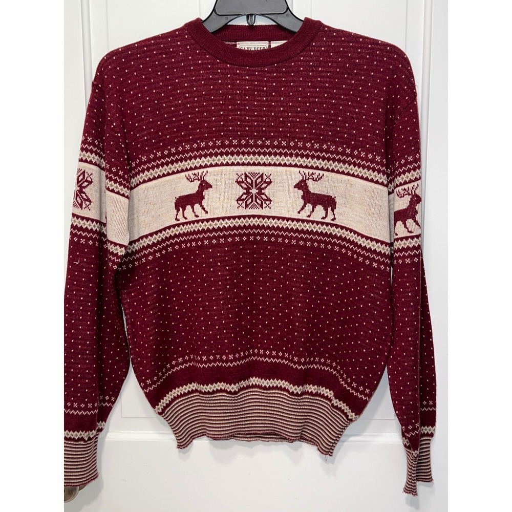 Gary Reed Vintage Mens Burgundy Fair Isle Reindeer Knit Sweater Large Made Korea
